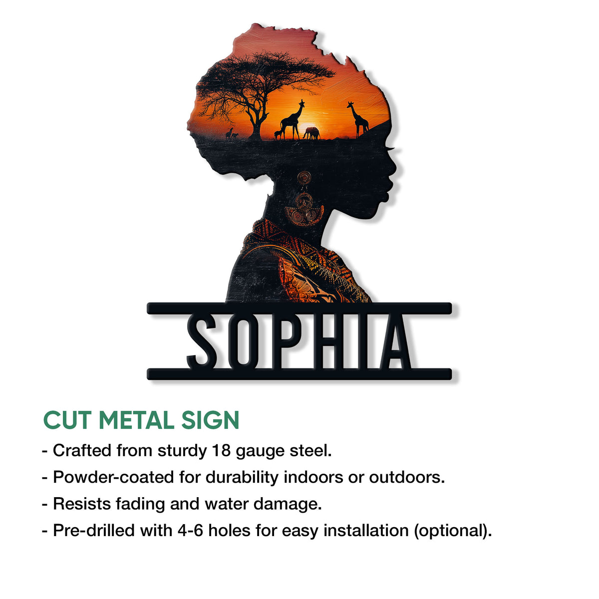 African heritage metal sign shown with a woman’s profile, glowing savanna sunset, wildlife silhouettes, and bold base lettering