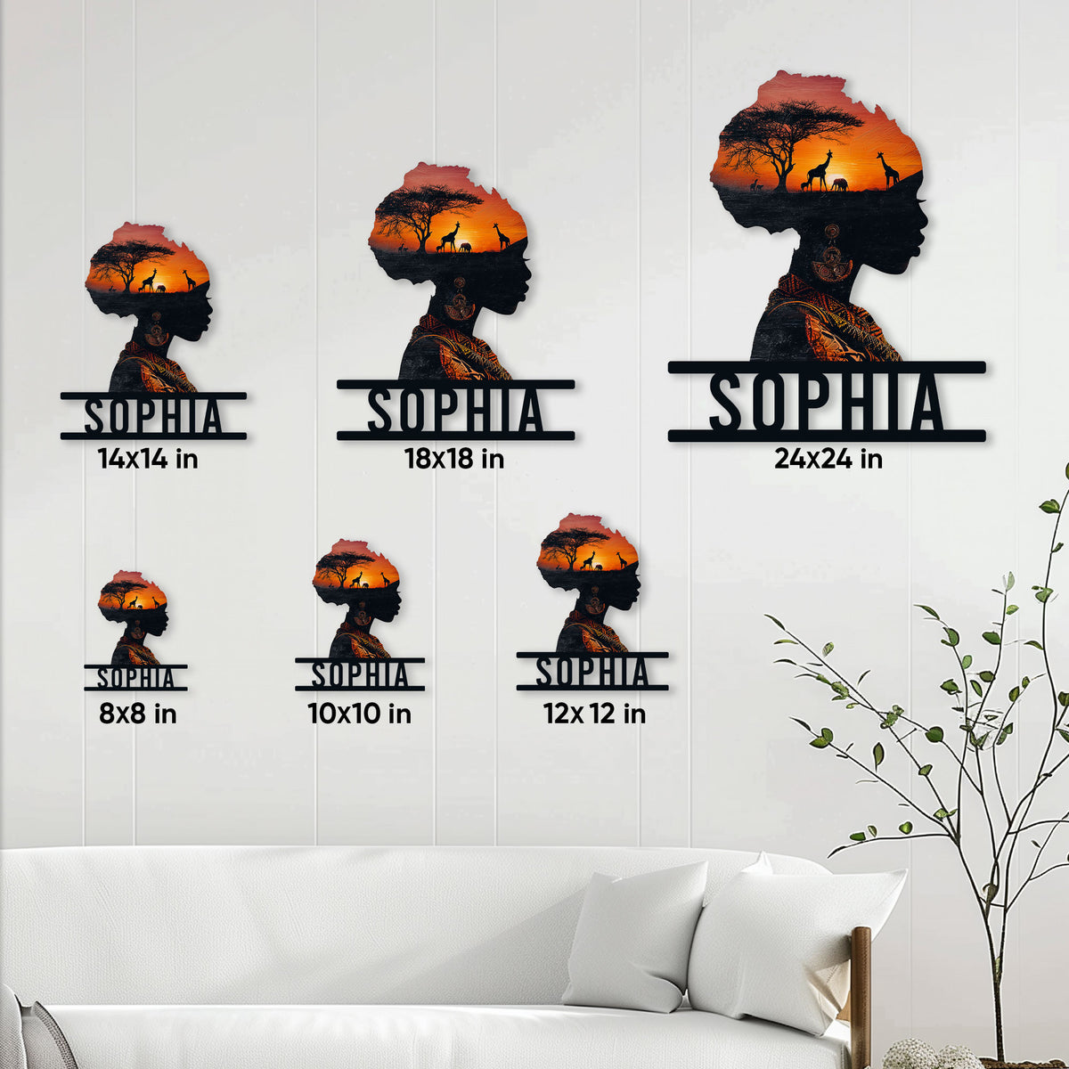 African woman silhouette metal sign size guide showing multiple available dimensions in a living room setting