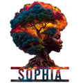 African woman tree of life metal sign with vibrant colors and profile silhouette artwork