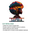 African woman and tree of life metal sign shown with a cut-metal product feature guide