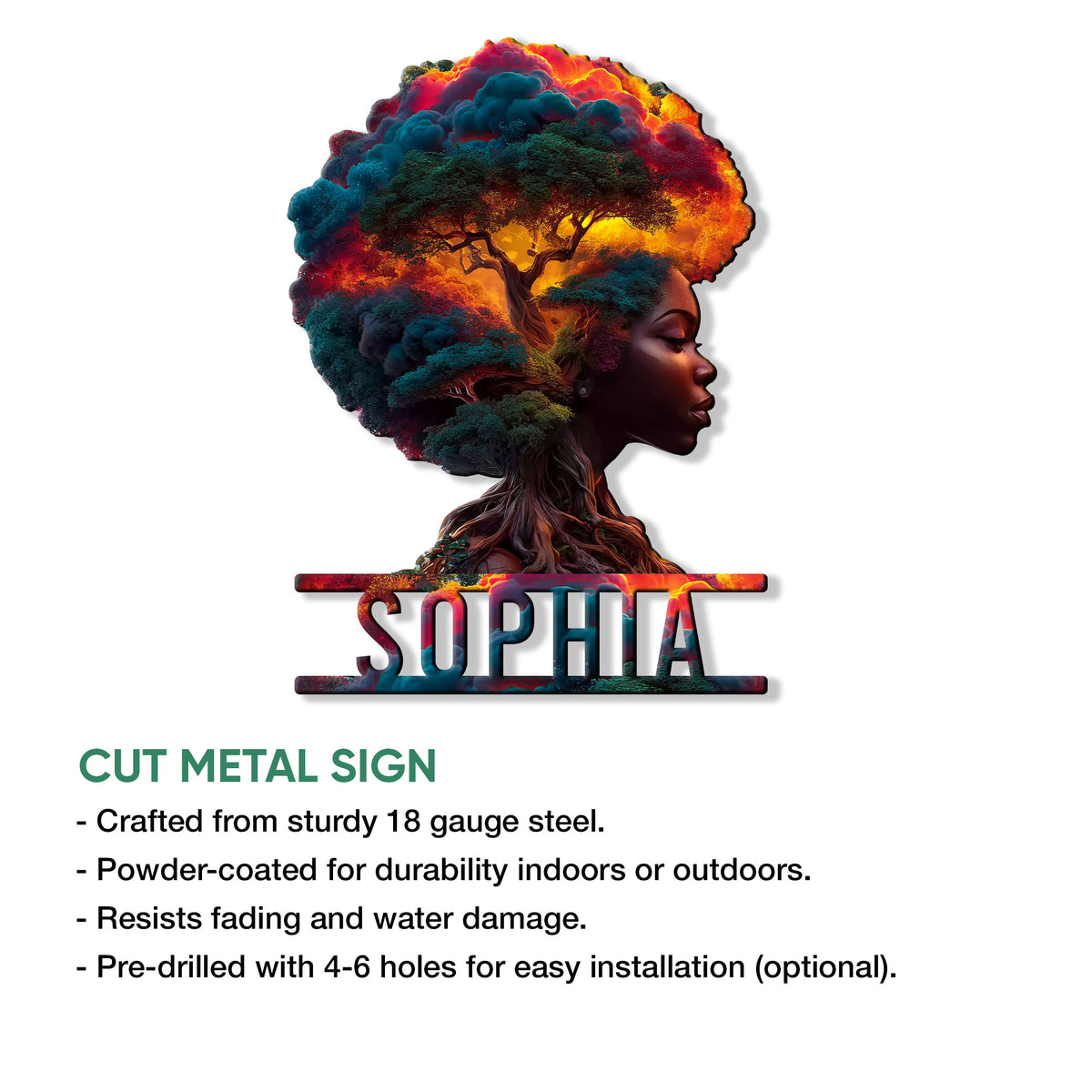 African woman and tree of life metal sign shown with a cut-metal product feature guide