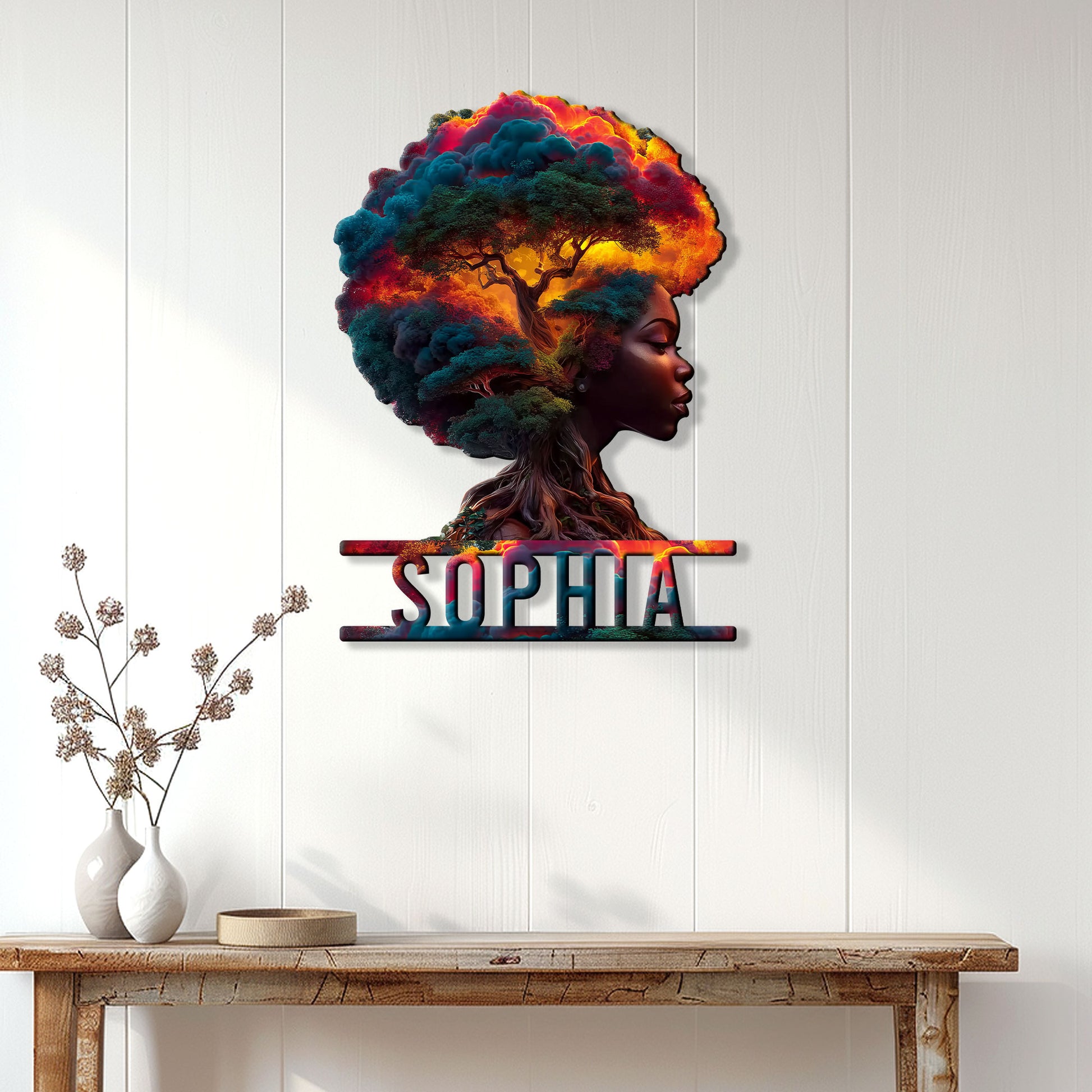 African-inspired tree of life metal sign displayed as colorful wall decor in a bright home