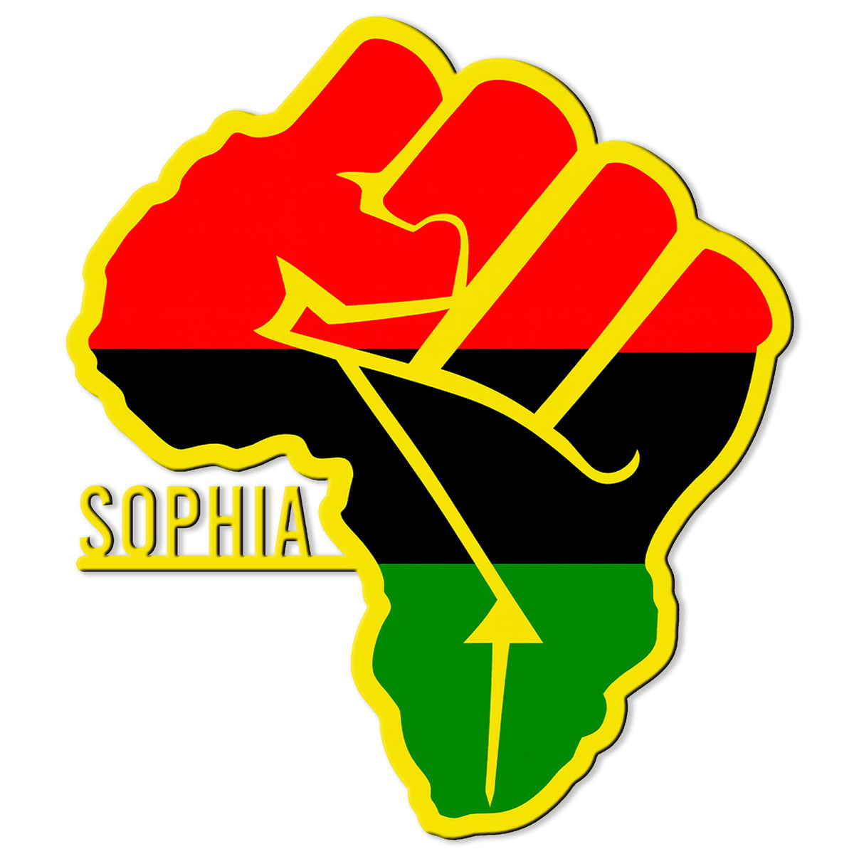 African pride metal sign featuring a raised fist silhouette in red, black, and green with a bold yellow outline