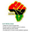 Cut metal African pride sign with a raised fist design in Pan-African colors and a striking yellow border