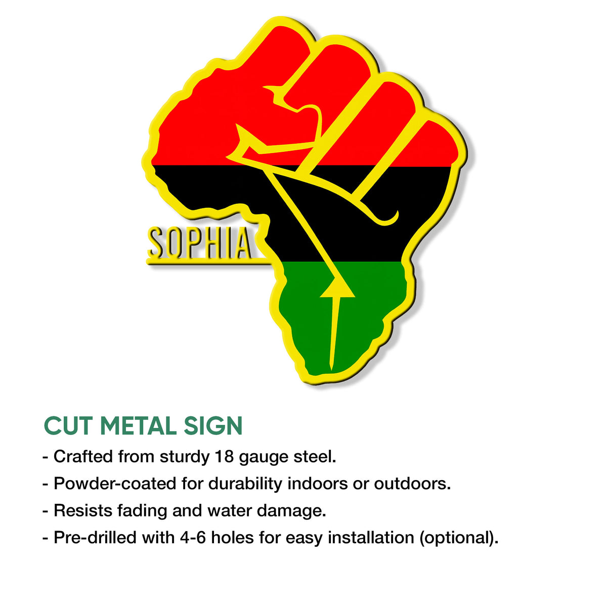 Cut metal African pride sign with a raised fist design in Pan-African colors and a striking yellow border