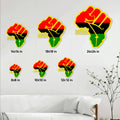 African pride raised fist metal sign size guide showing available dimensions from 8 by 8 to 24 by 24 inches