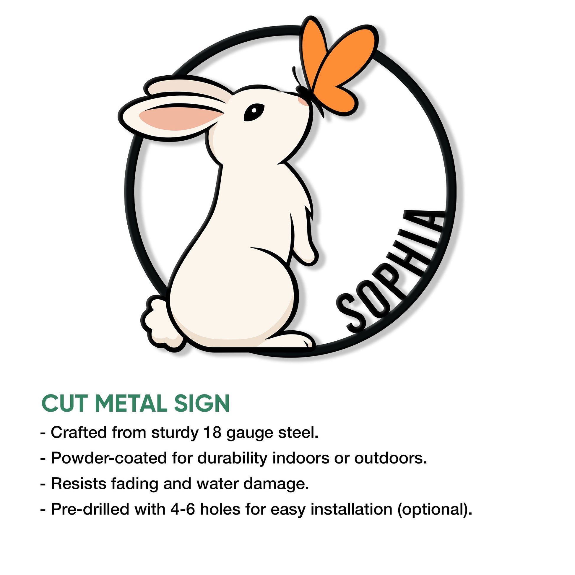 Cut metal rabbit sign showing a seated bunny and butterfly in a circular design