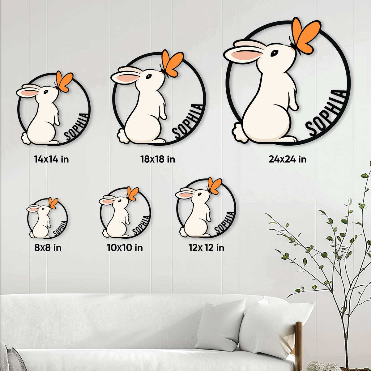 Rabbit metal sign size guide showing six available square size options