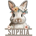 Floral rabbit metal sign featuring a sweet bunny portrait surrounded by soft pastel flowers