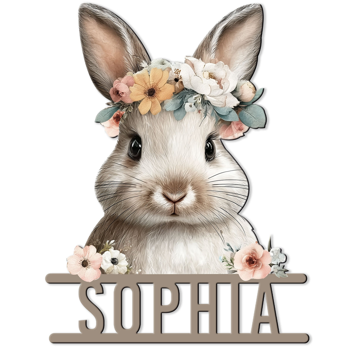 Floral rabbit metal sign featuring a sweet bunny portrait surrounded by soft pastel flowers