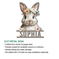 Cut metal rabbit sign with a floral bunny design, shown in a product feature and use guide