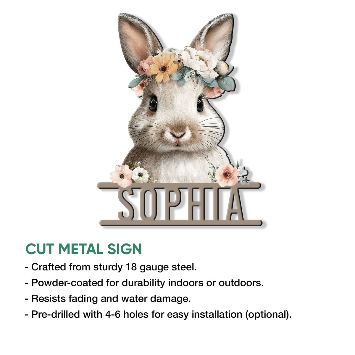 Cut metal rabbit sign with a floral bunny design, shown in a product feature and use guide