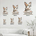 Rabbit metal sign size guide showing multiple available dimensions in a bright living room setting