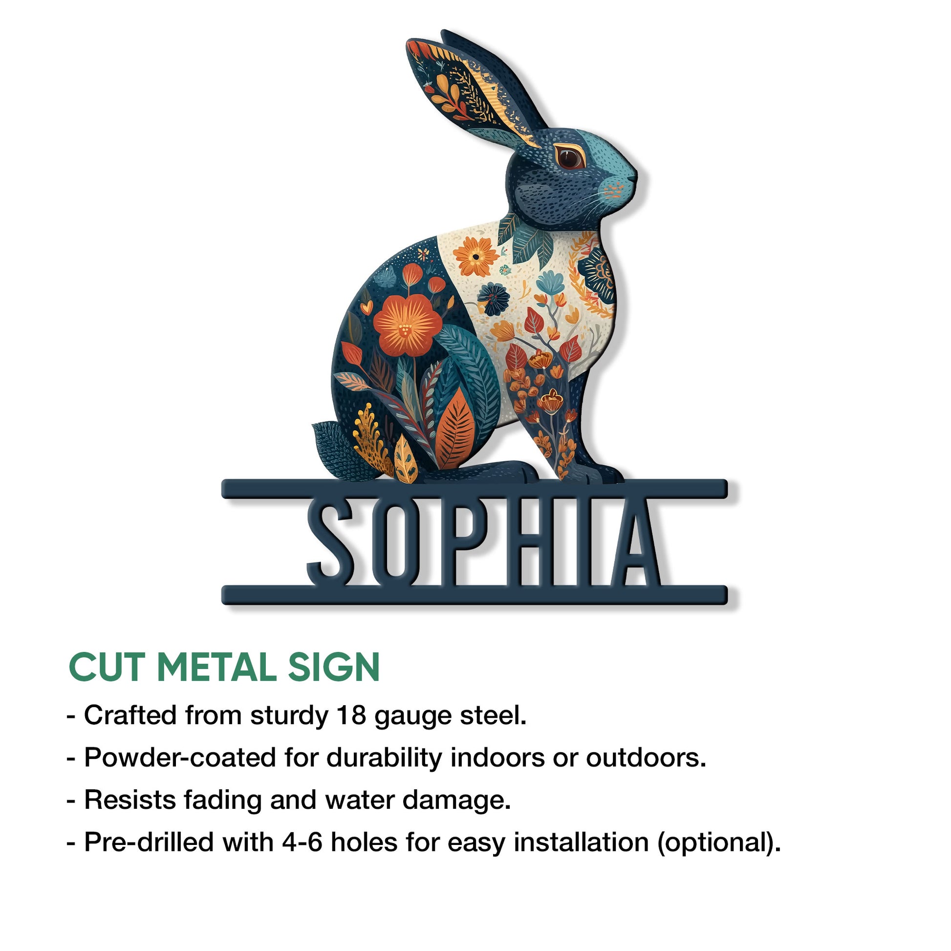 Floral bunny metal sign shown with a cutout design and product feature information
