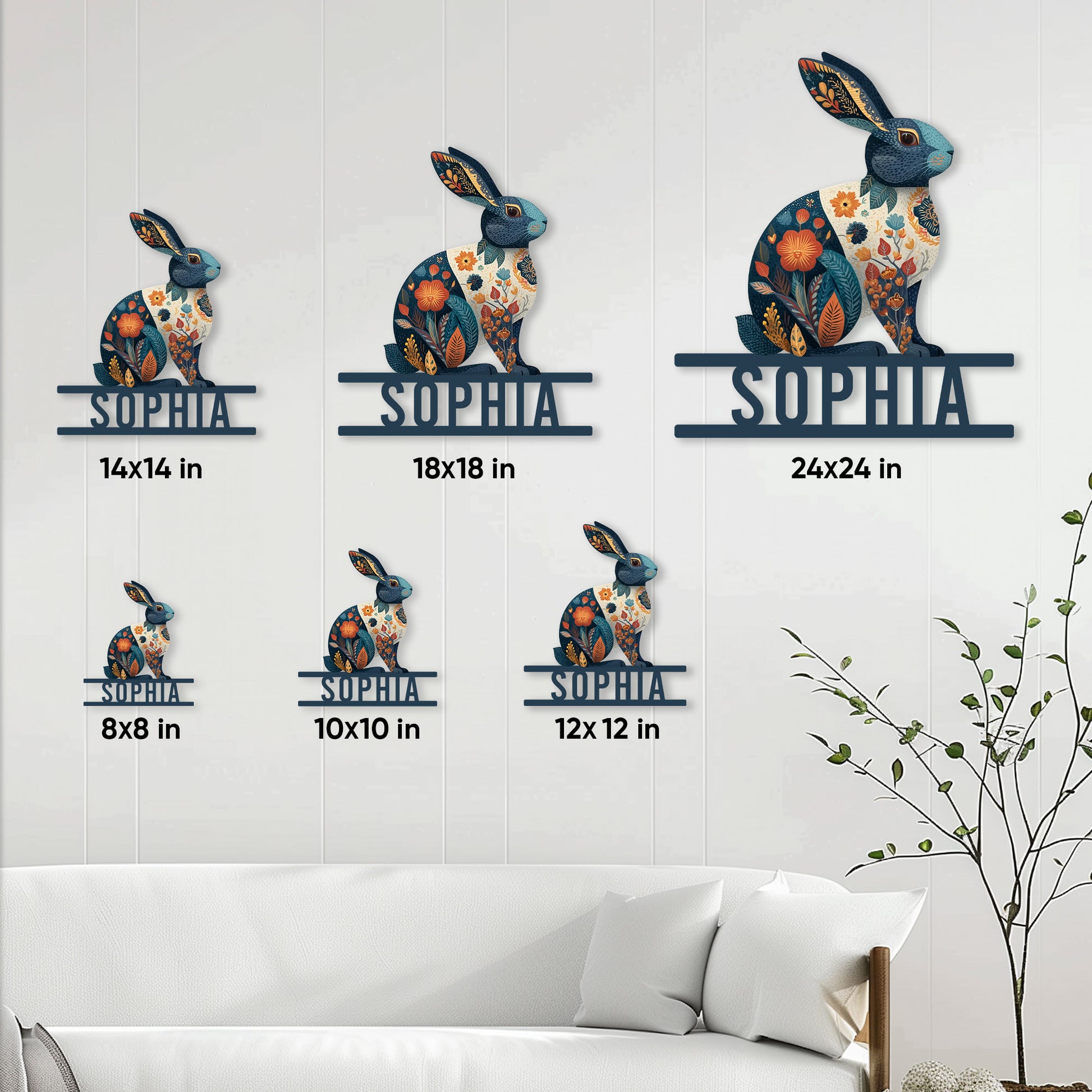 Floral rabbit metal sign shown in multiple size options as wall decor in a bright living room