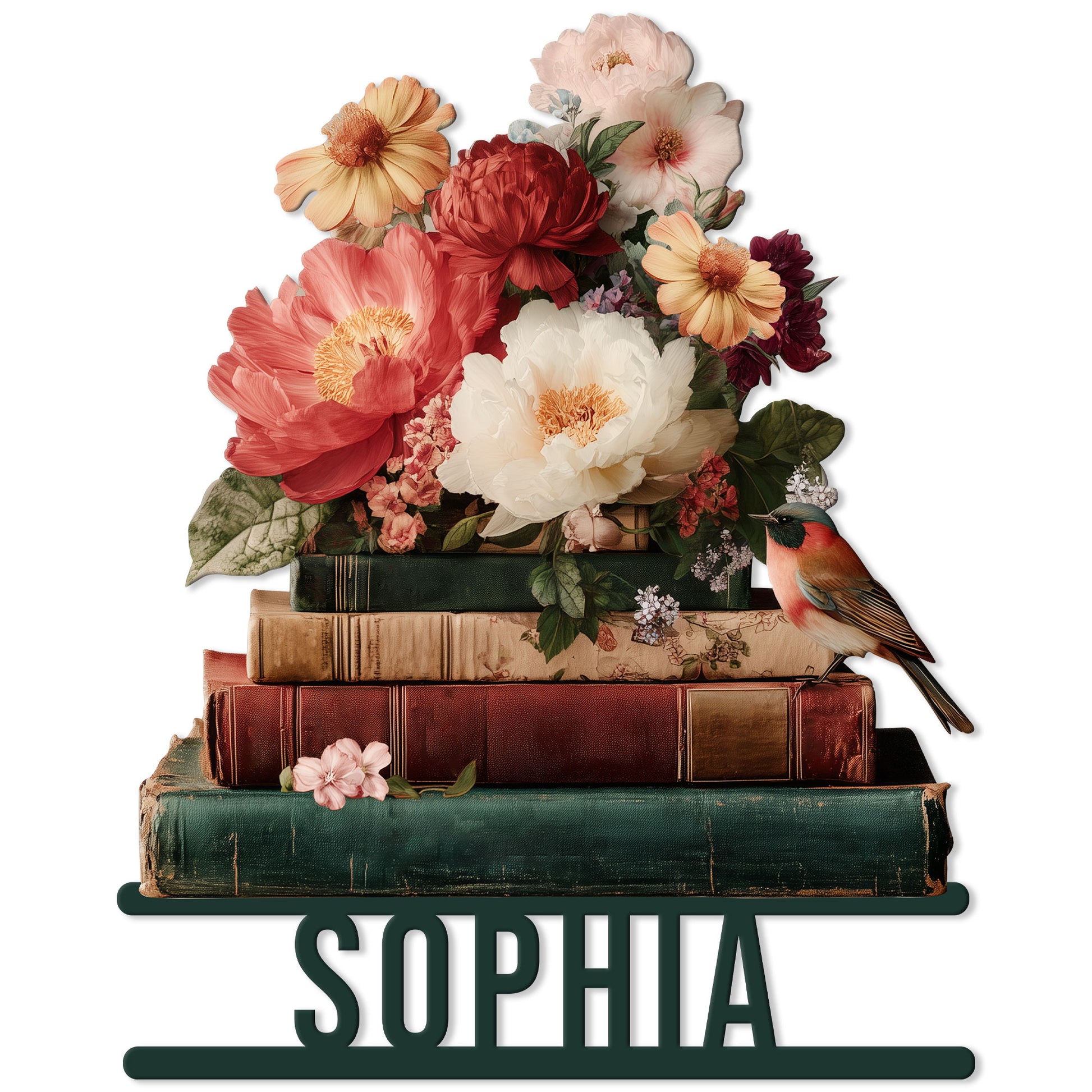 Floral book lover metal sign featuring stacked vintage books, colorful flowers, and a perched songbird