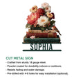 Book lover metal sign product graphic showing the floral stacked-books design and cut metal sign features