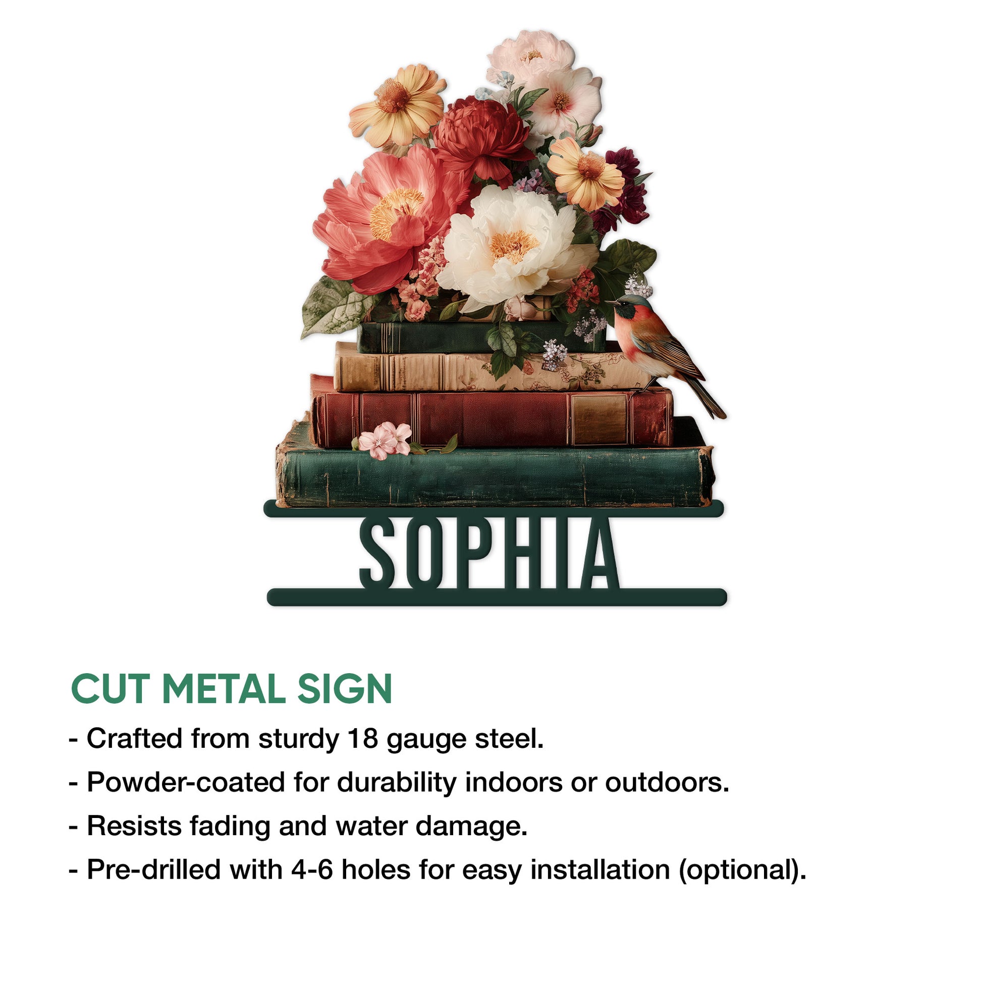 Book lover metal sign product graphic showing the floral stacked-books design and cut metal sign features