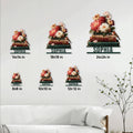 Book lover metal sign size guide showing six available square size options in a living room setting