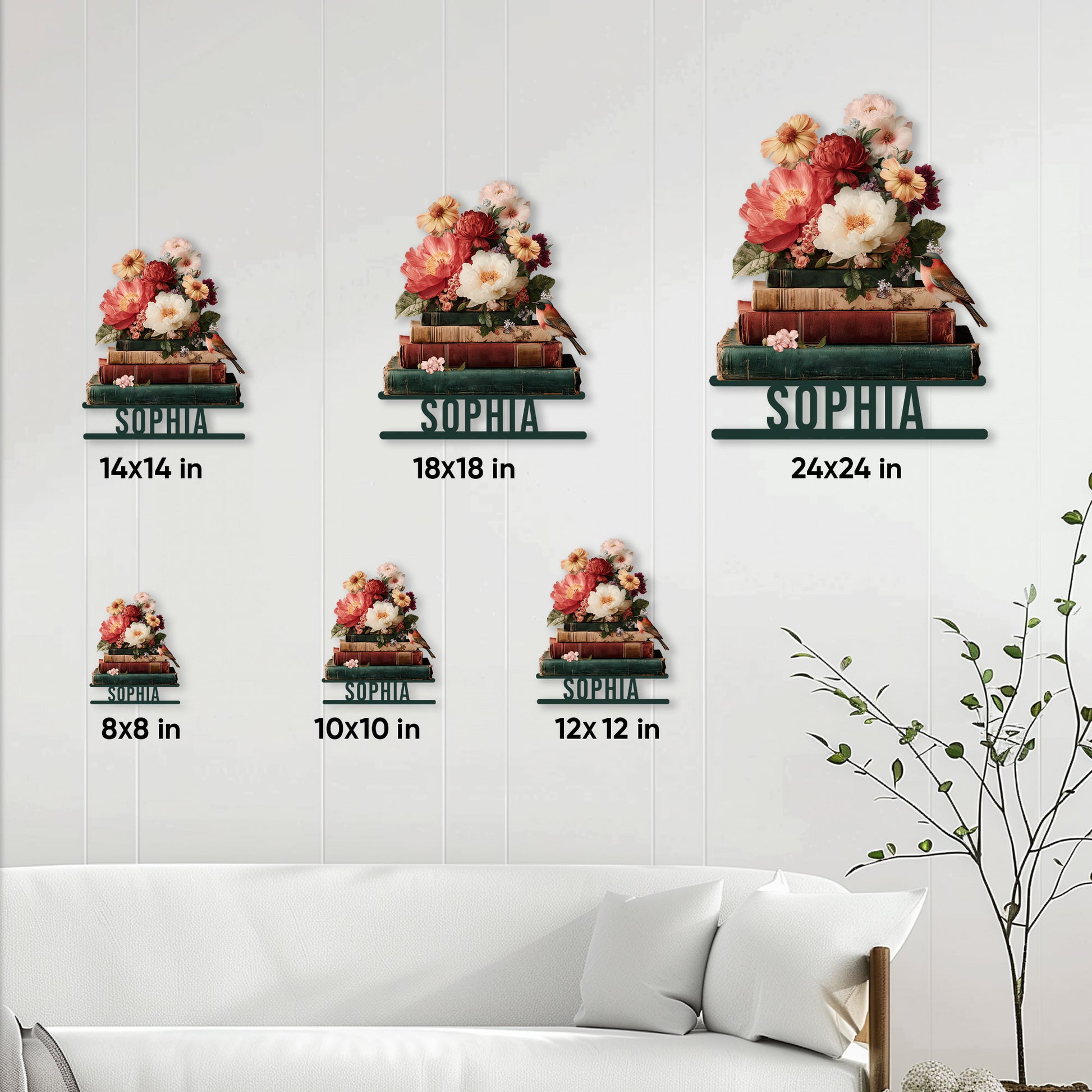 Book lover metal sign size guide showing six available square size options in a living room setting