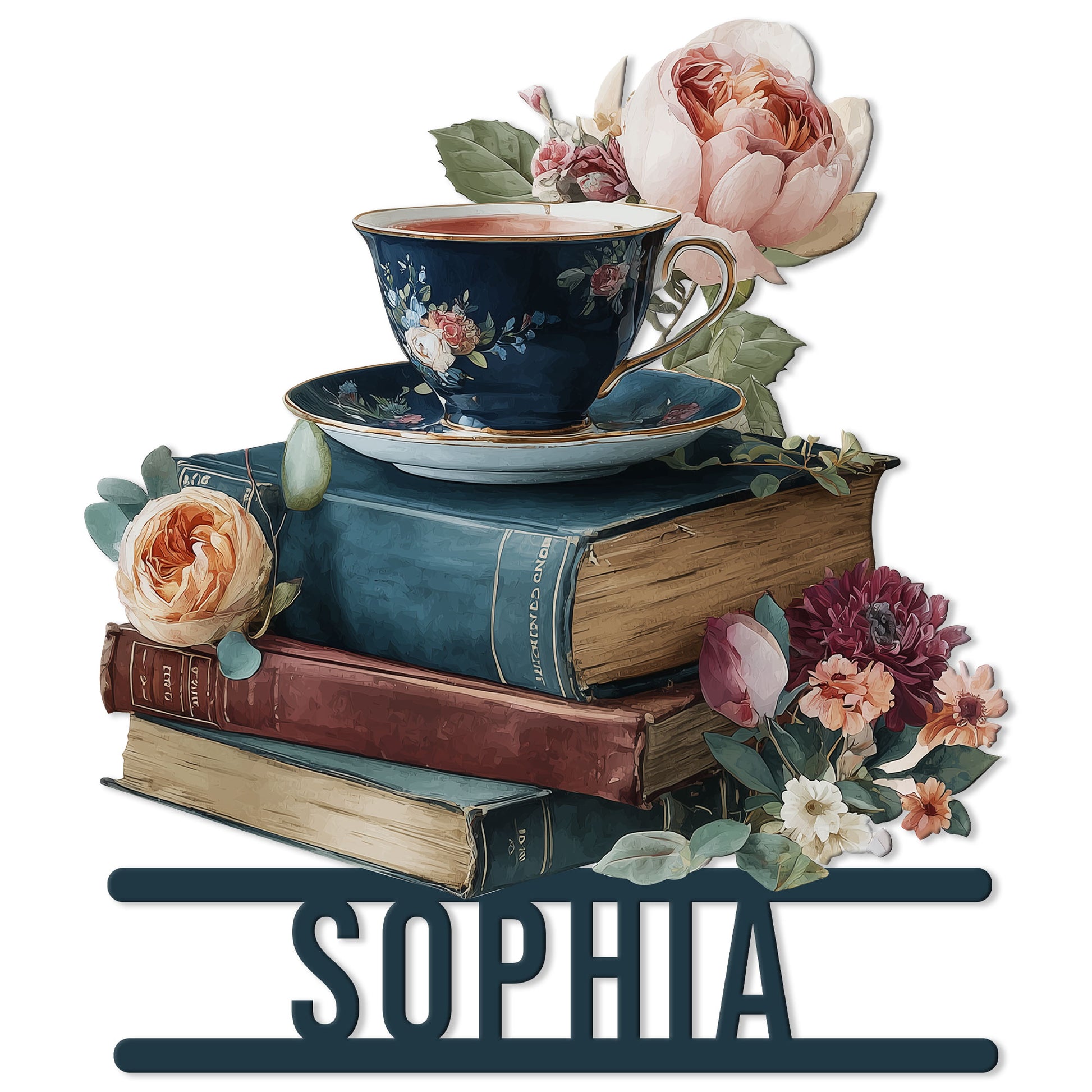 Book lover metal sign featuring stacked books, a floral teacup, roses, and elegant botanical details