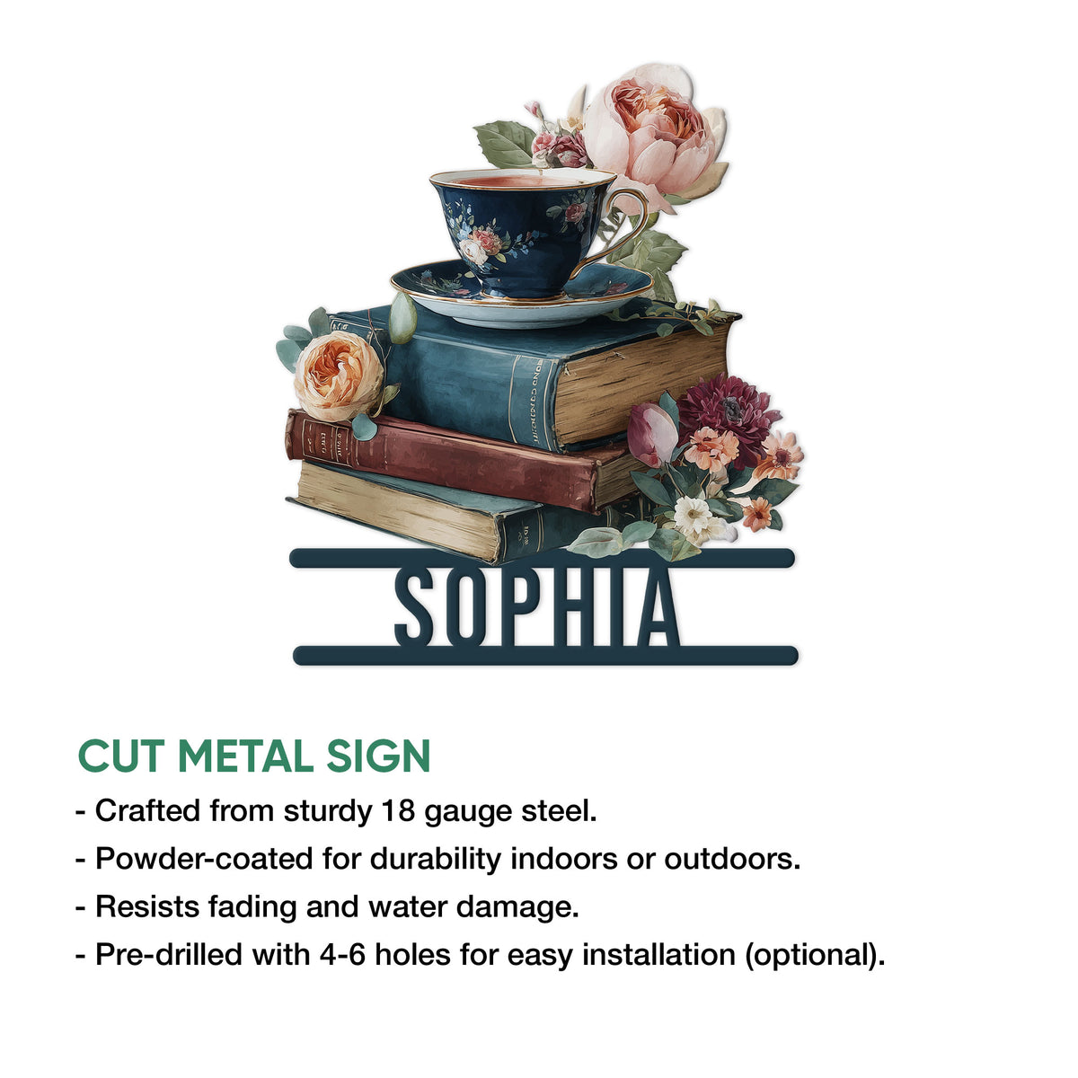 Cut metal book sign showcasing a floral teacup resting on stacked books with surrounding flowers