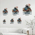 Book lover metal sign size guide showing available 8x8, 10x10, 12x12, 14x14, 18x18, and 24x24 inch options