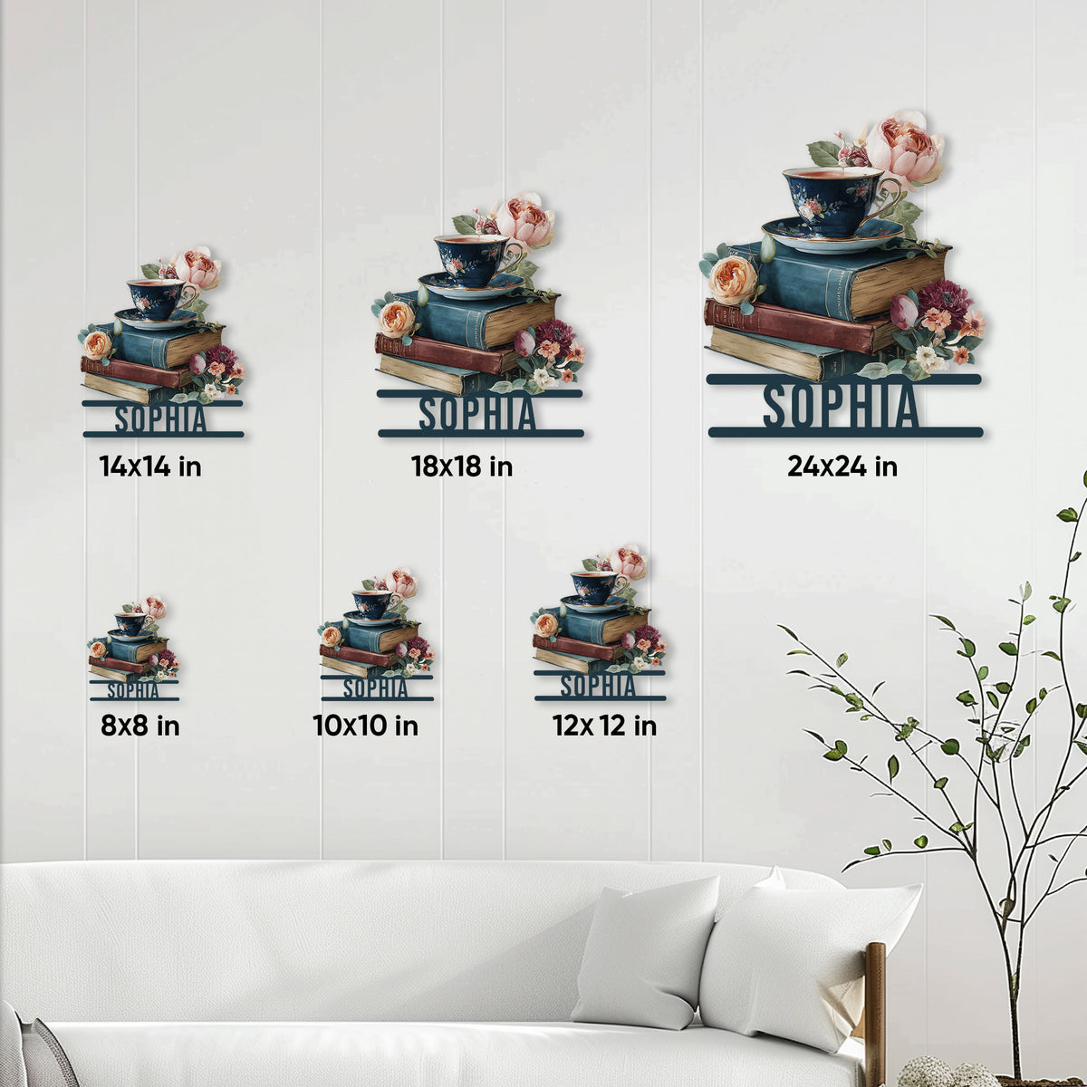 Book lover metal sign size guide showing available 8x8, 10x10, 12x12, 14x14, 18x18, and 24x24 inch options
