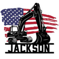 Custom excavator metal sign featuring a bold black construction machine over a distressed American flag