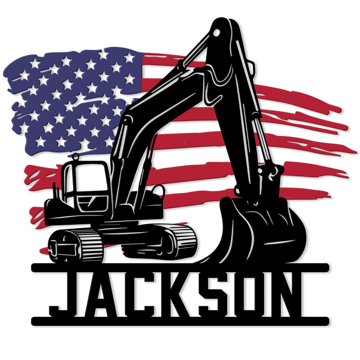Custom excavator metal sign featuring a bold black construction machine over a distressed American flag
