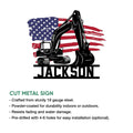 Patriotic excavator metal sign product graphic showing the machine silhouette and cut metal sign design