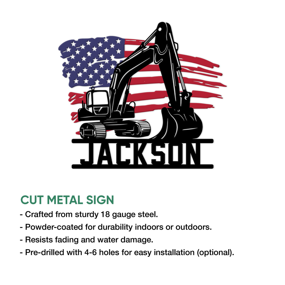 Patriotic excavator metal sign product graphic showing the machine silhouette and cut metal sign design