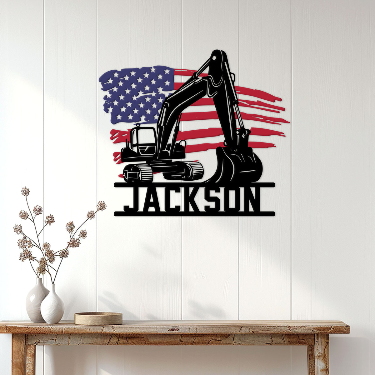 Excavator wall sign displayed on white paneling above a console table in a modern entryway