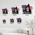 Excavator metal sign size guide showing multiple square size options styled on a living room wall