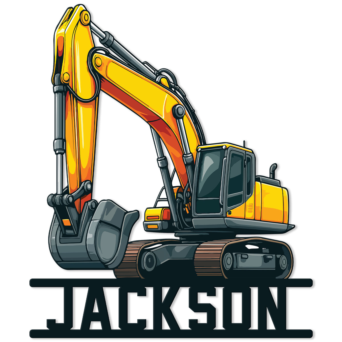 Custom excavator metal sign featuring a detailed yellow tracked excavator and bold industrial lettering