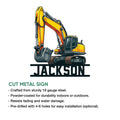 Excavator cut metal sign shown with construction details, installation options, and a bold heavy equipment design