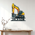 Excavator wall sign displayed in a modern home setting above a rustic console table