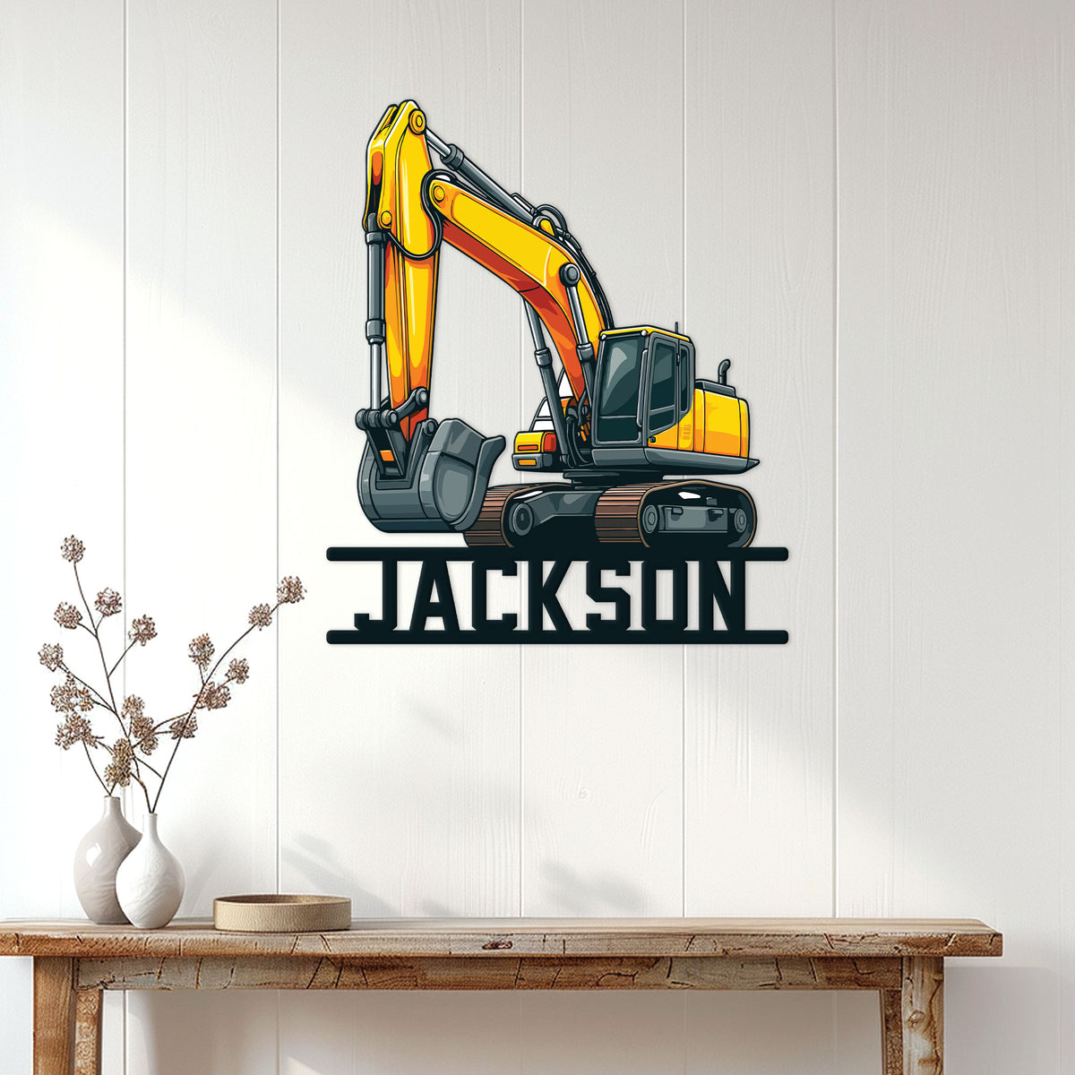 Excavator wall sign displayed in a modern home setting above a rustic console table