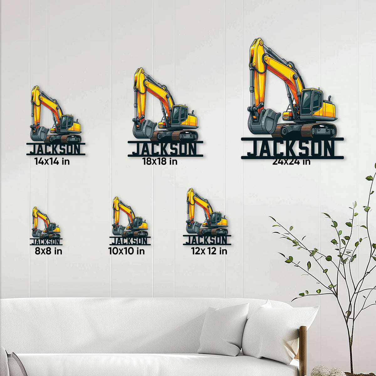 Excavator metal sign size guide showing multiple square size options from 8 by 8 to 24 by 24 inches