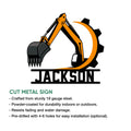 Excavator metal sign feature graphic showing cut steel construction and optional mounting holes