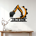 Custom excavator metal sign displayed on a white paneled wall above a rustic console table