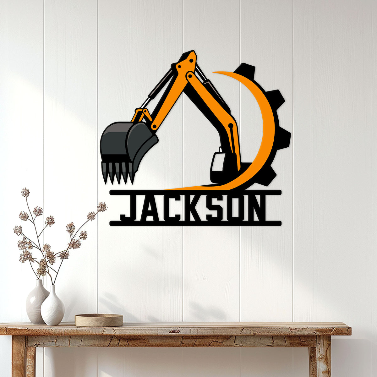 Custom excavator metal sign displayed on a white paneled wall above a rustic console table