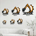 Excavator wall sign size guide showing six square size options from 8 by 8 to 24 by 24 inches