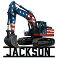 Patriotic excavator metal sign featuring a tracked construction machine in American flag colors