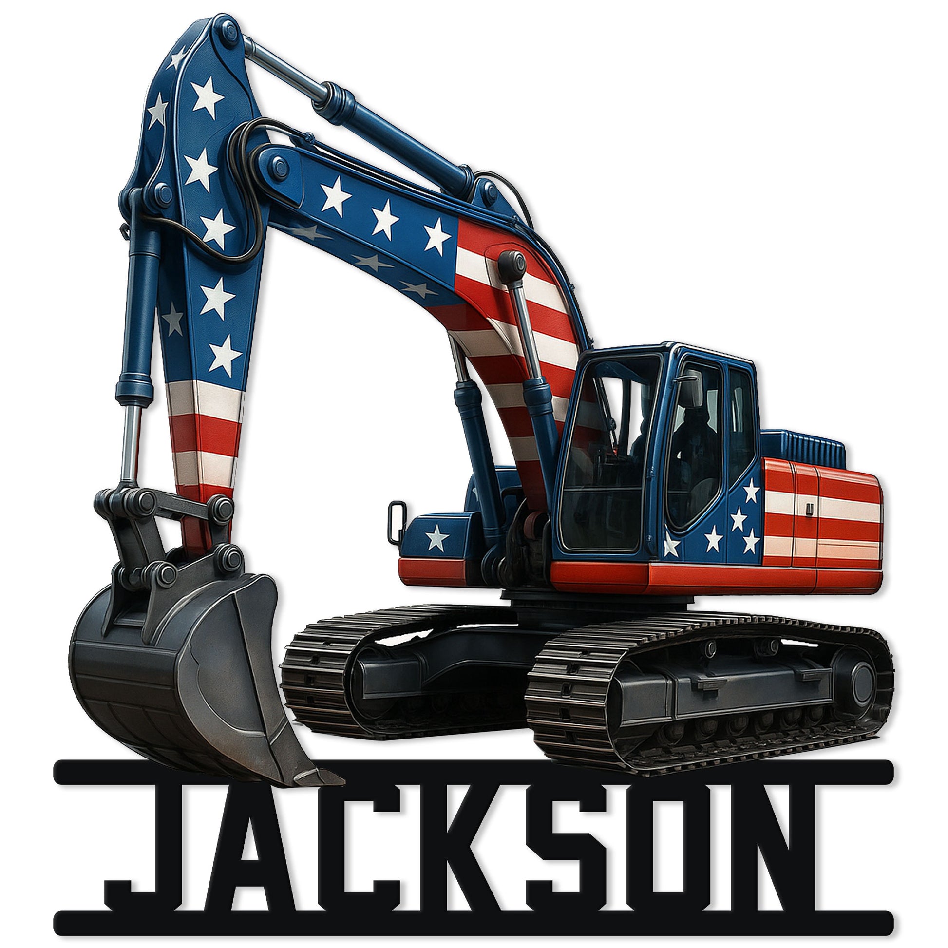 Patriotic excavator metal sign featuring a tracked construction machine in American flag colors