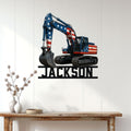 Patriotic excavator wall sign displayed on a bright paneled wall above a console table