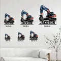 Excavator metal sign size guide showing several available square sign dimensions on a living room wall