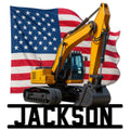 Patriotic excavator metal sign featuring a yellow tracked machine against an American flag