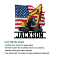 Excavator metal sign product graphic with an American flag backdrop and feature information