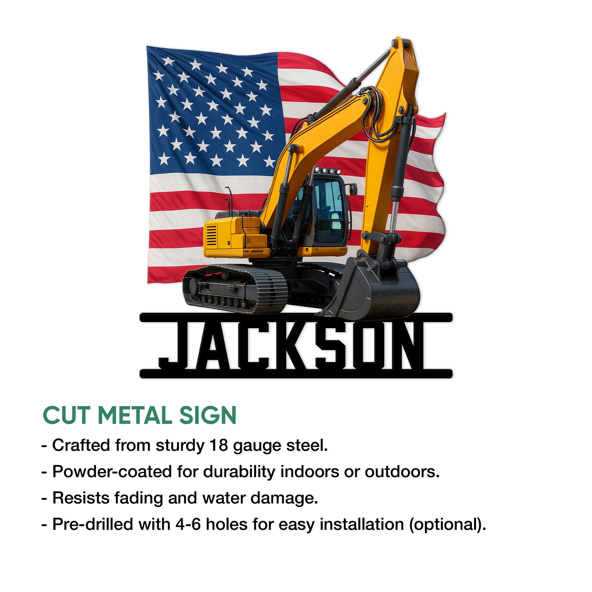 Excavator metal sign product graphic with an American flag backdrop and feature information